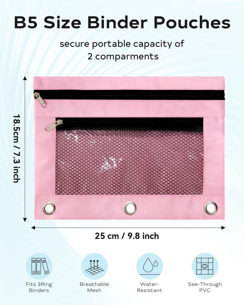 ASBEFORE Pink Pencil Pouch for 3 Ring Binder - Zipper Pencil Case Bag Holder Bulk Accessories, Small Clear Window Aesthetic Organizer Pockets 3 Hole School Essentials - Image 2